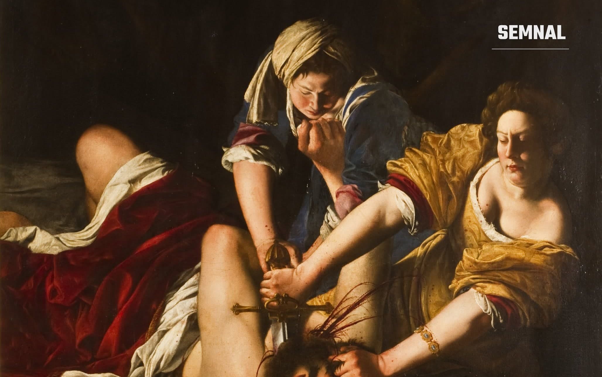 Detaliu din pictura „Judith decapitându-l pe Holofernes” de Artemisia Gentileschi: Judith și servitoarea ei țin un bărbat pe pat, iar Judith apasă o sabie spre gâtul lui