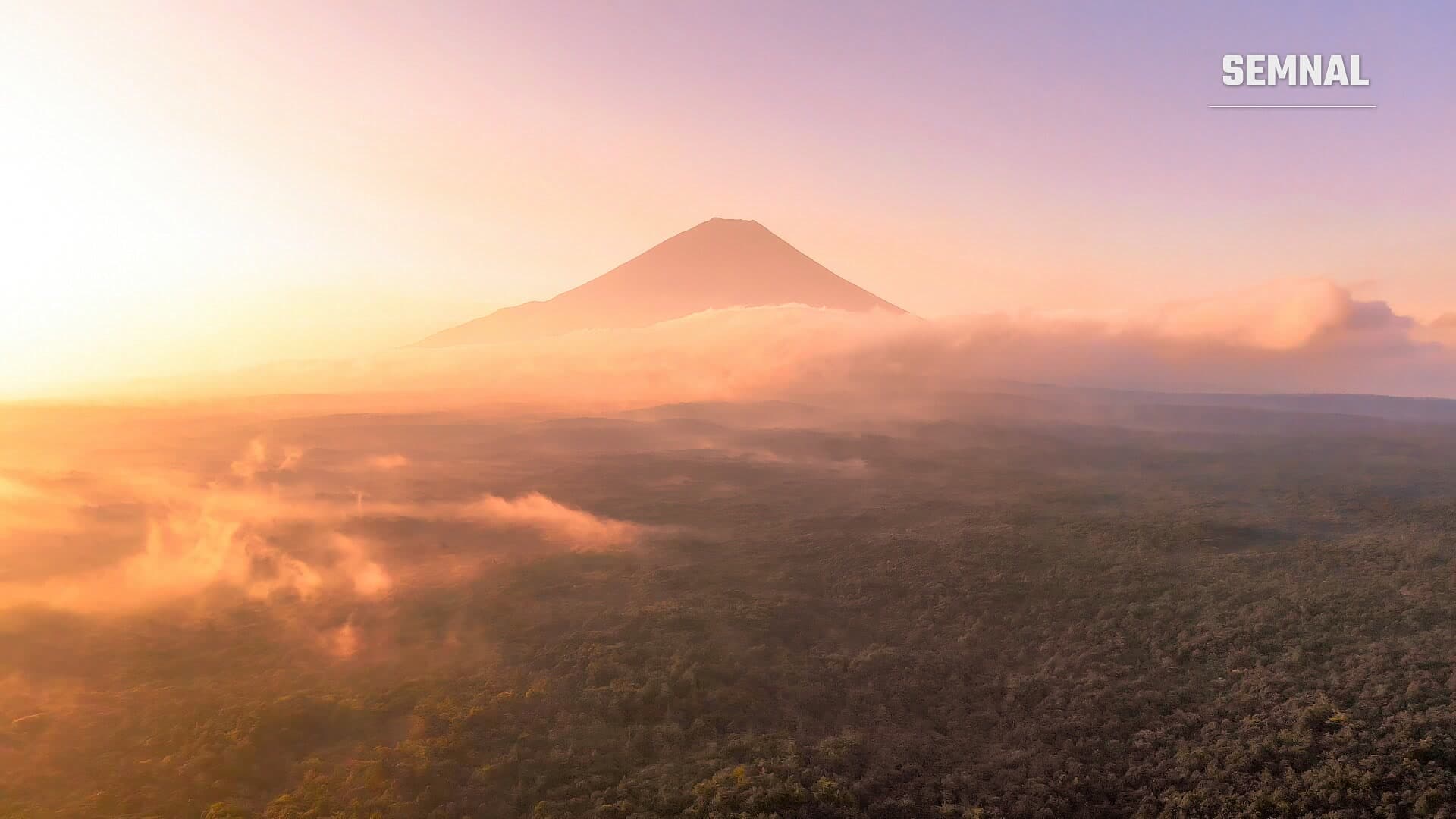 Muntele Fuji la răsărit, văzut de sus: vârful se ridică deasupra norilor portocalii, iar în prim-plan se întinde o pădure acoperită de ceață. (Foto: Giles Laurent / Wikimedia Commons, CC BY-SA 4.0)