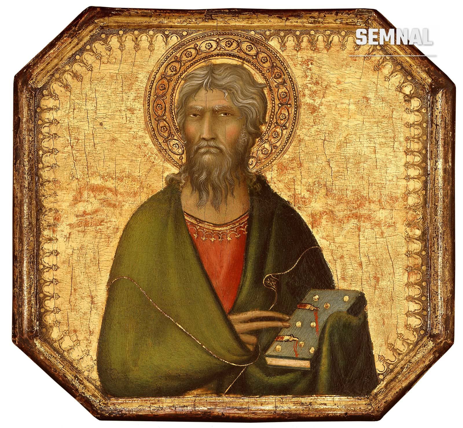 Pictură medievală pe panou octogonal care îl înfățișează pe Sfântul Apostol Andrei, cu aureolă, ținând o carte, pe fond auriu