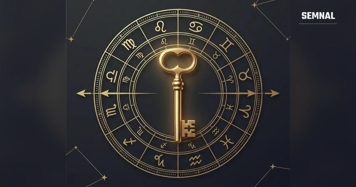 Cheie aurie în centrul unei roți zodiacale, pe un cer înstelat întunecat