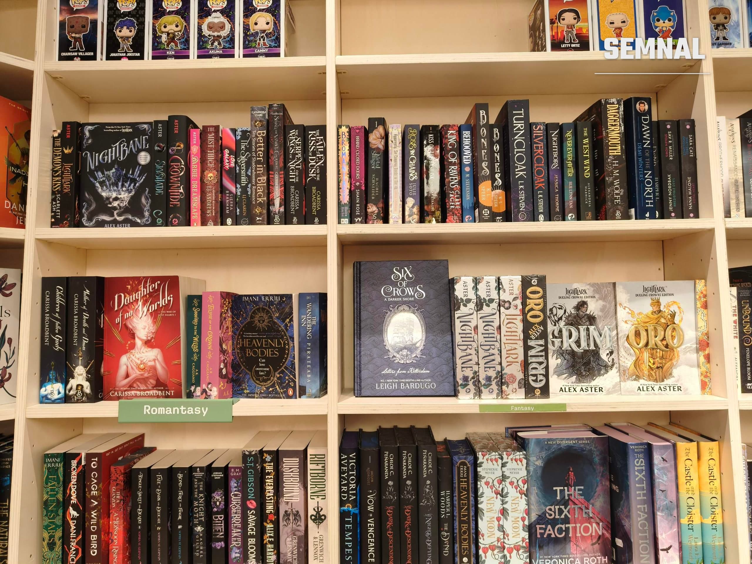 Rafturi de librărie cu romane fantasy și romantasy, între care „Six of Crows”, „Nightbane” și „Lightlark”, iar pe raftul de sus figurine de colecție în cutii