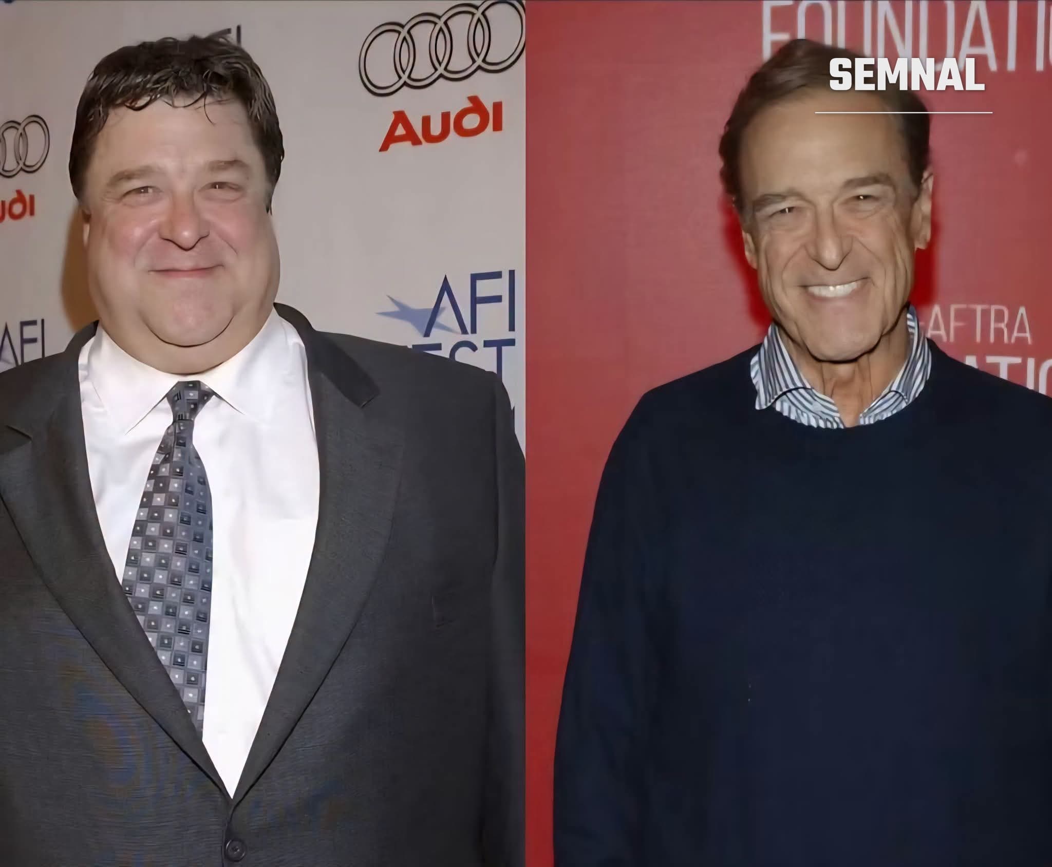 Colaj cu două fotografii ale actorului John Goodman: în stânga, în costum gri cu cravată, în fața unui panou AFI; în dreapta, mai slab, în pulover bleumarin peste cămașă în dungi, pe fundal roșu