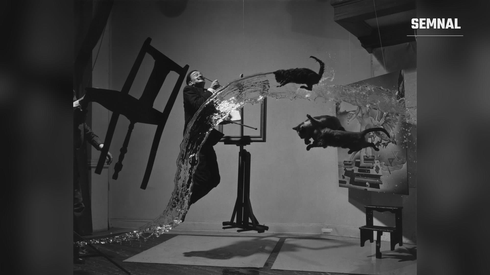 Salvador Dalí în fața șevaletului, într-o fotografie de Philippe Halsman, cu pisici, apă și un scaun suspendate în aer