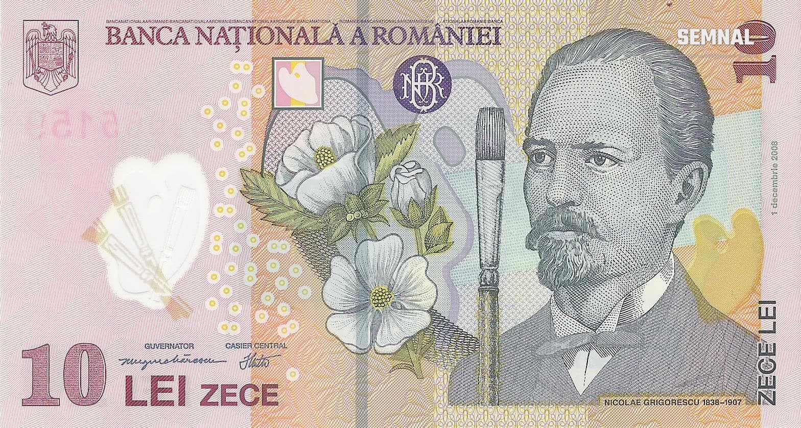 Bancnotă românească de 10 lei, fața, cu portretul lui Nicolae Grigorescu