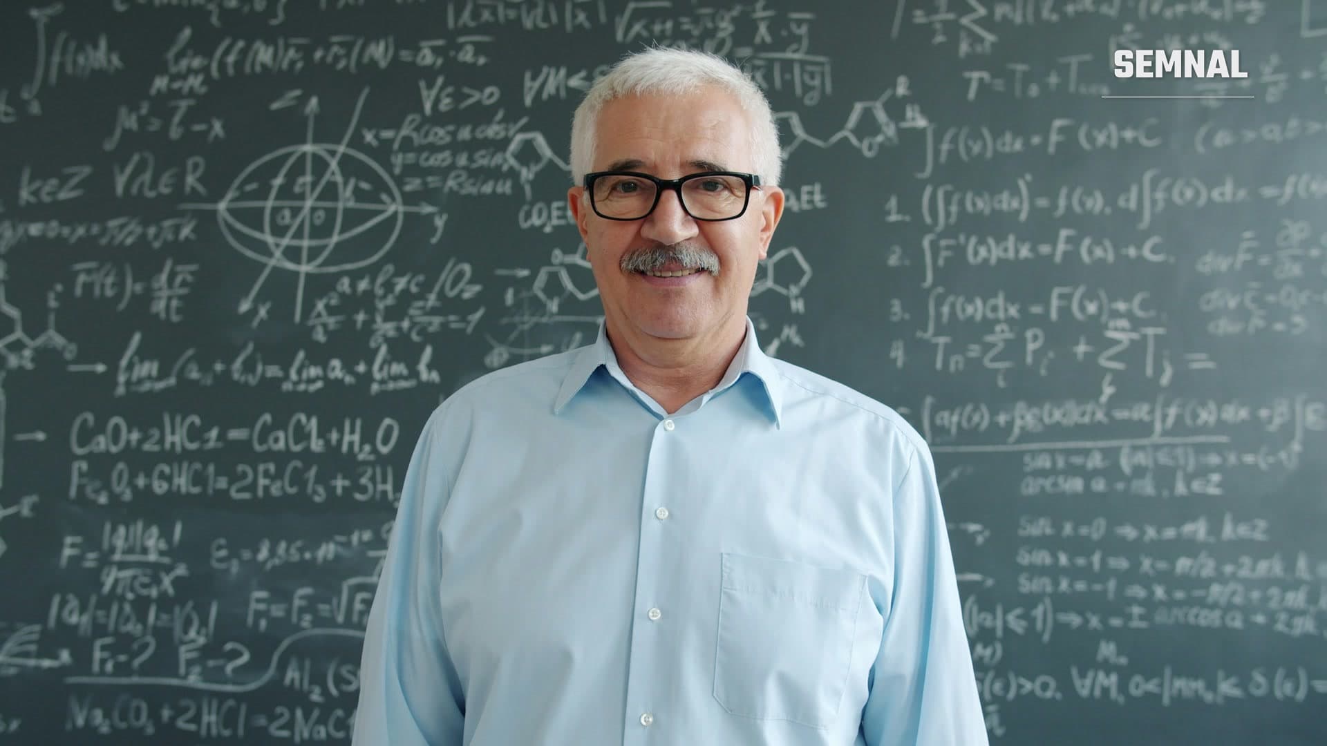 Profesor în vârstă, cu părul alb, mustață și ochelari, în cămașă bleu, zâmbește în fața unei table pline de formule de matematică, fizică și chimie