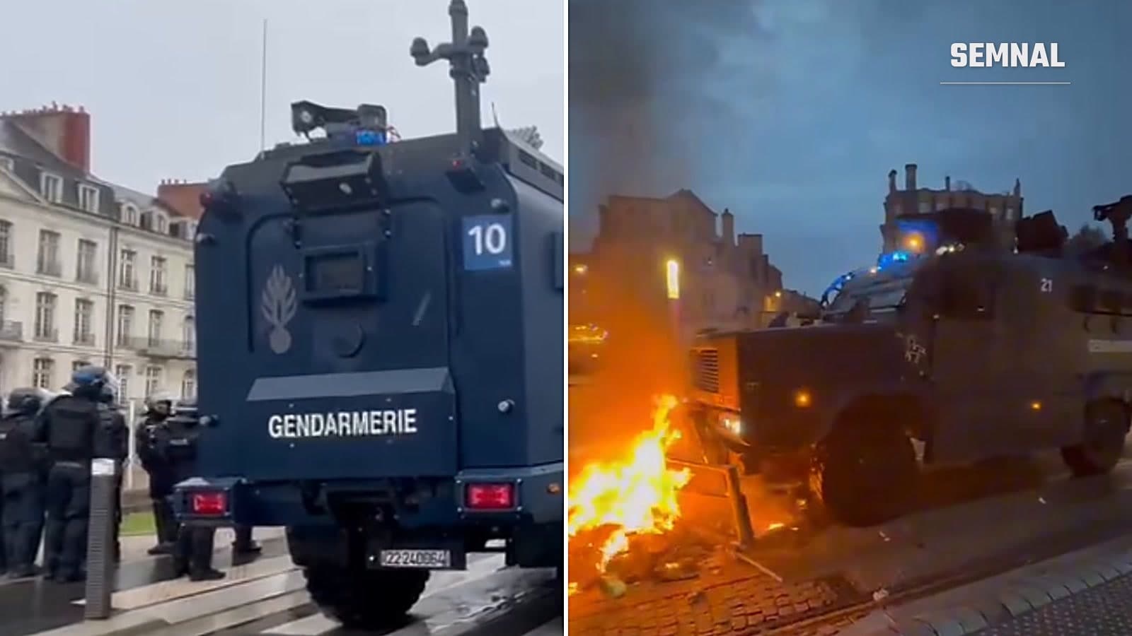 Blindat Centaure al Jandarmeriei franceze lângă jandarmi echipați antiriot și un alt blindat care trece pe lângă o baricadă incendiată la Nantes