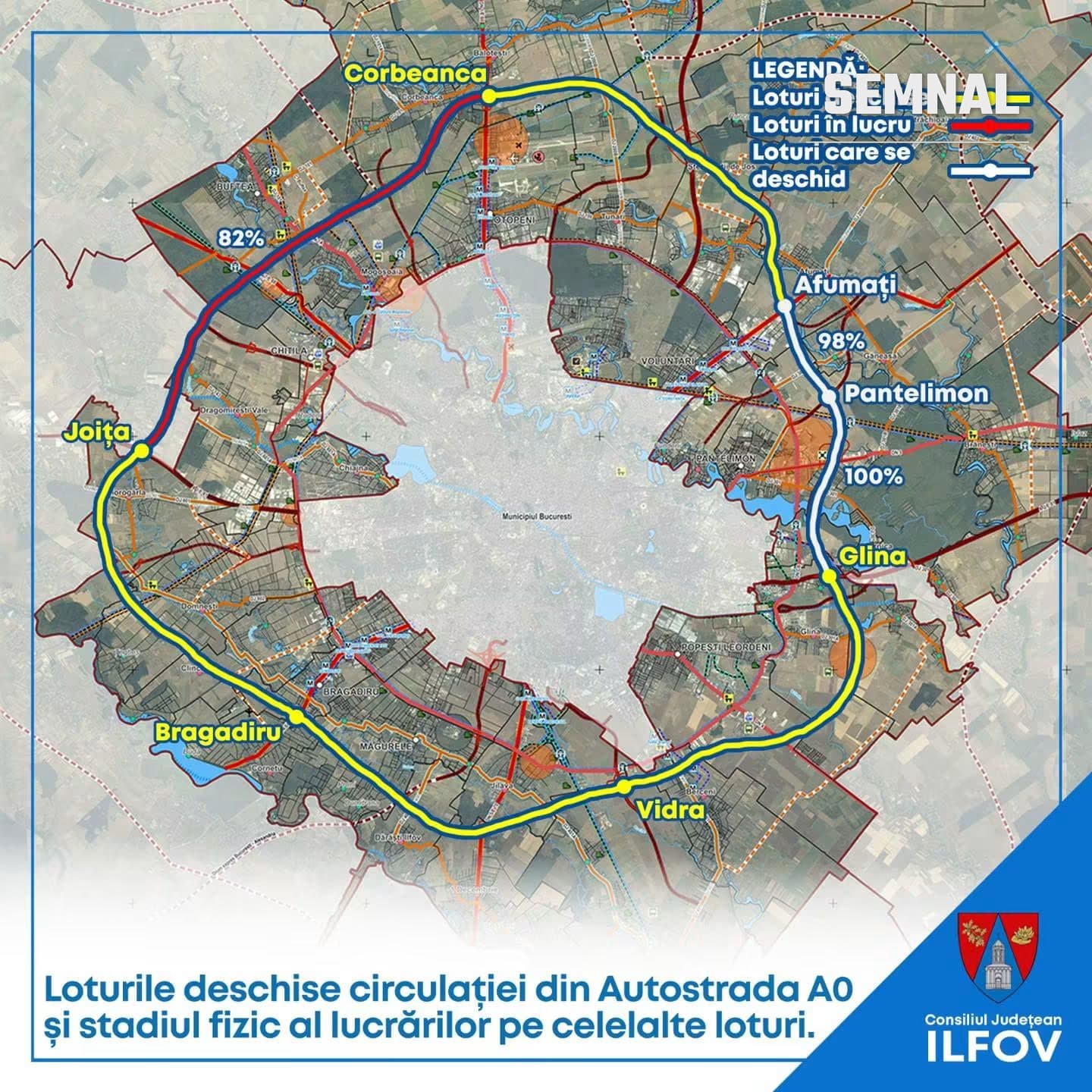 Hartă a Autostrăzii A0 din jurul Bucureștiului, cu loturile deschise, cele în lucru și tronsonul Afumați - Pantelimon - Glina care urmează să fie deschis