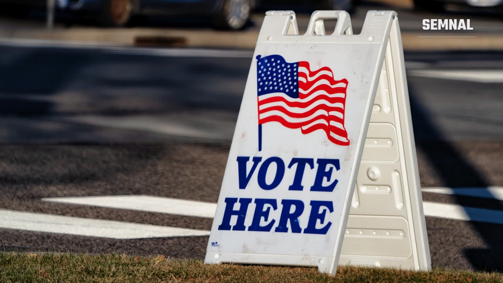 Panou „Vote Here” cu steagul SUA, în fața unei secții de votare din Woodbury, Minnesota (Foto: Tony Webster / Wikimedia Commons, CC BY 2.0)
