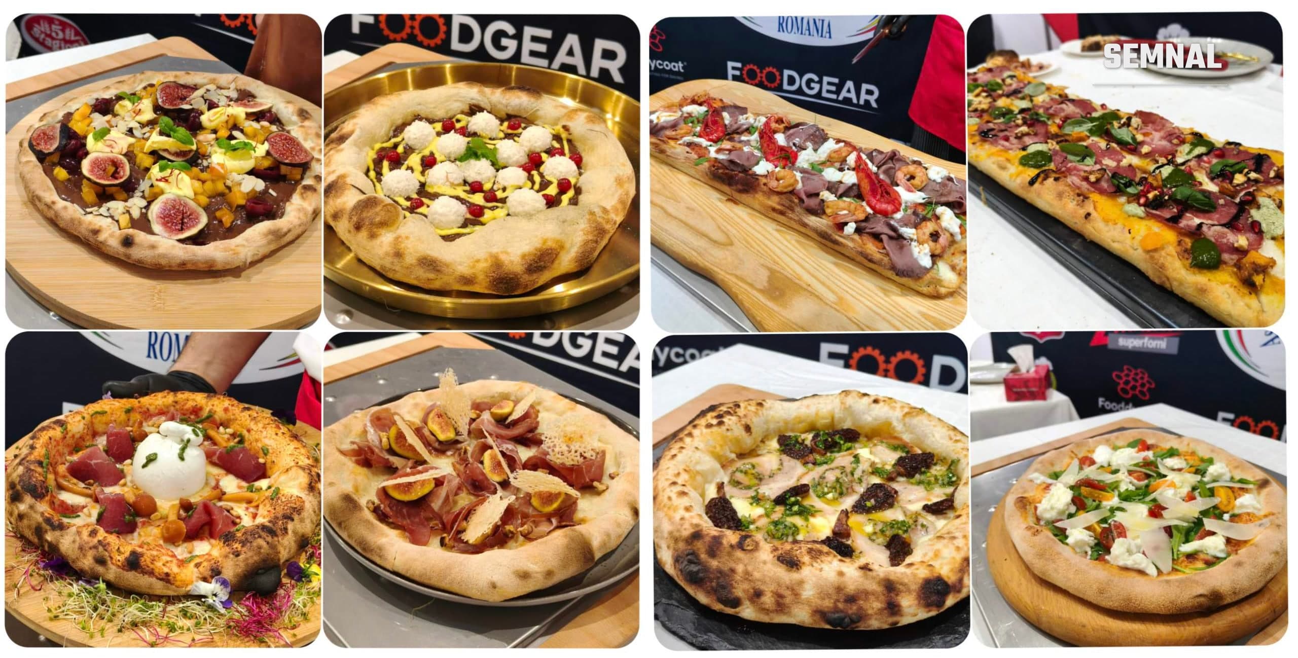 Colaj cu opt pizze prezentate la Campionatul Internațional de Pizza de la Indagra Food 2026, cu smochine, burrata, prosciutto și creveți