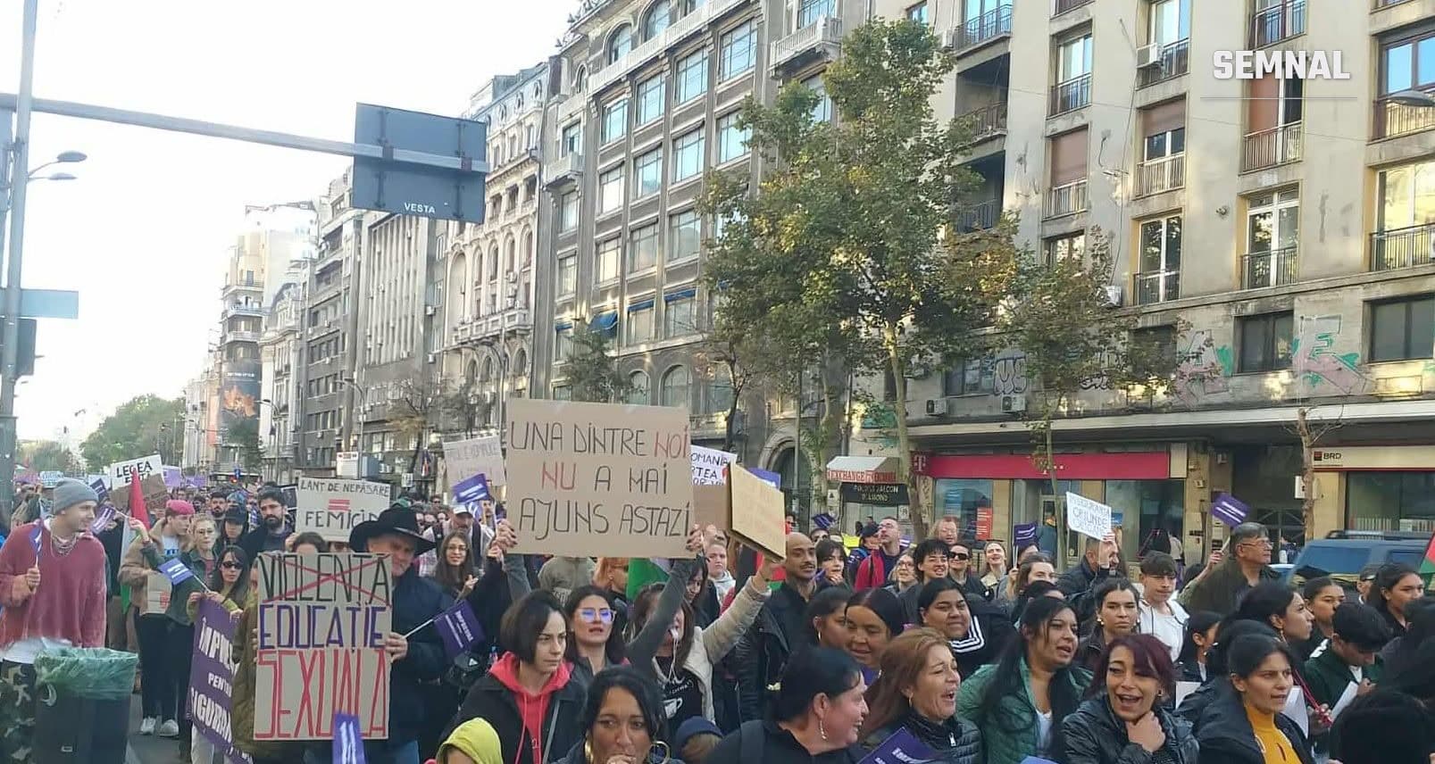 In imagine sunt multe femei care protestează în București împotriva femicidului. Poartă pancarte pe care scrie: „Una dintre noi nu a mai ajuns astăzi” și ”STOP FEMICID!”.