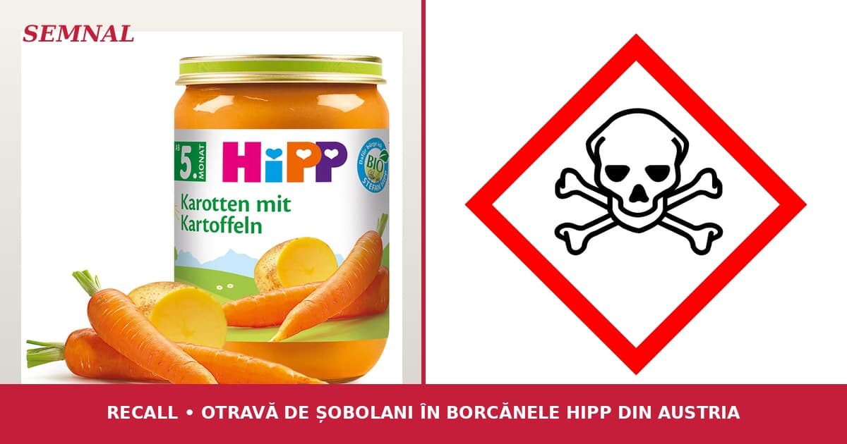 Borcan HiPP «Morcov și cartof» 190g și pictograma GHS06 de substanță toxică — recall la SPAR Austria după descoperirea otrăvii de șobolani