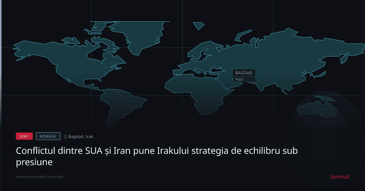Hartă digitală a lumii în tonuri de albastru-verde cu Irakul și Bagdadul evidențiate, reprezentând contextul geopolitic al negocierilor de securitate regională în Orientul Mijlociu.