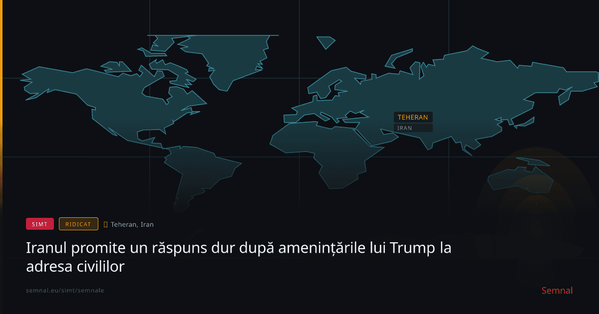 Hartă politic a lumii cu contururi în cyan pe fundal negru, marcând Teheranul și Iranul în text galben-portocaliu, ilustrând context geopolitic al tensiunilor internaționale.