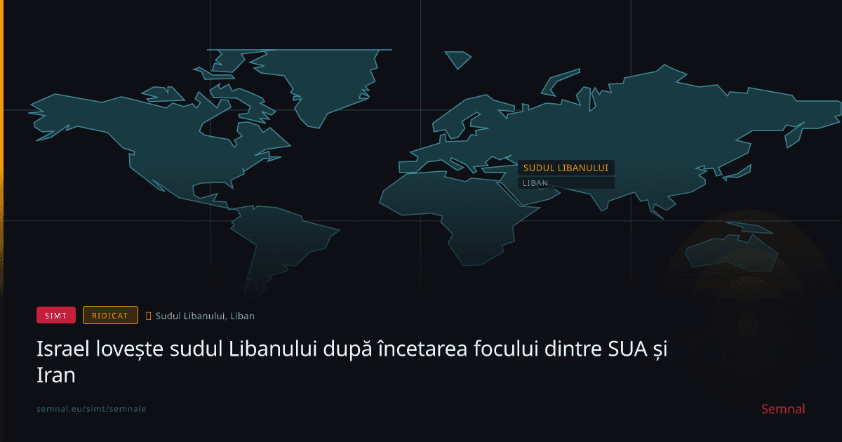 Hartă mondială cu contururi turcoazuri arătând poziția Libanului și Sudului acestuia pe fond negru, cu etichete geografice în text auriu care contextualuzează acordul dintre Liban și Israel.