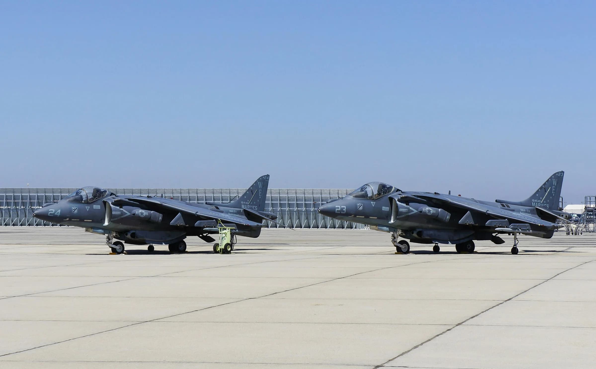 Fighter jets on the tarmac at March Air Reserve Base in California under a clear sky.