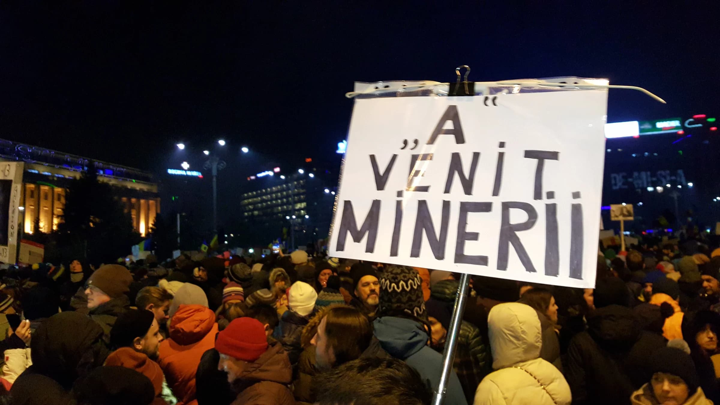 "A" VENIT MINERII Placard during 2017 Victoria Square Protests