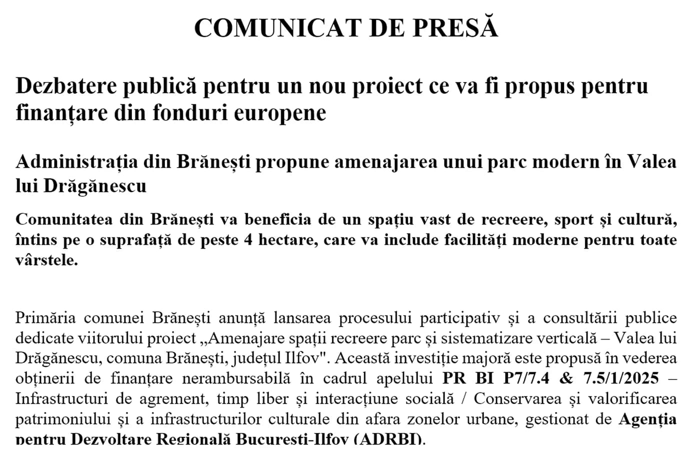 Brănești: un nou proiect propus pentru finanțare din fonduri europene