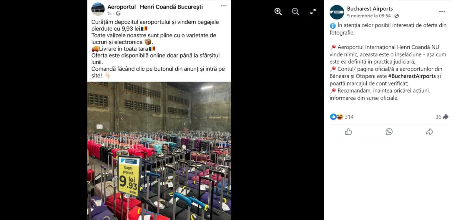 Înșelătorie făcută pe facebook în numele Aeroportului Internațional „Henri Coandă”. Escrocii anunță că bagajele nepreluate de la aeroport se vând cu 9,93 lei/bucata