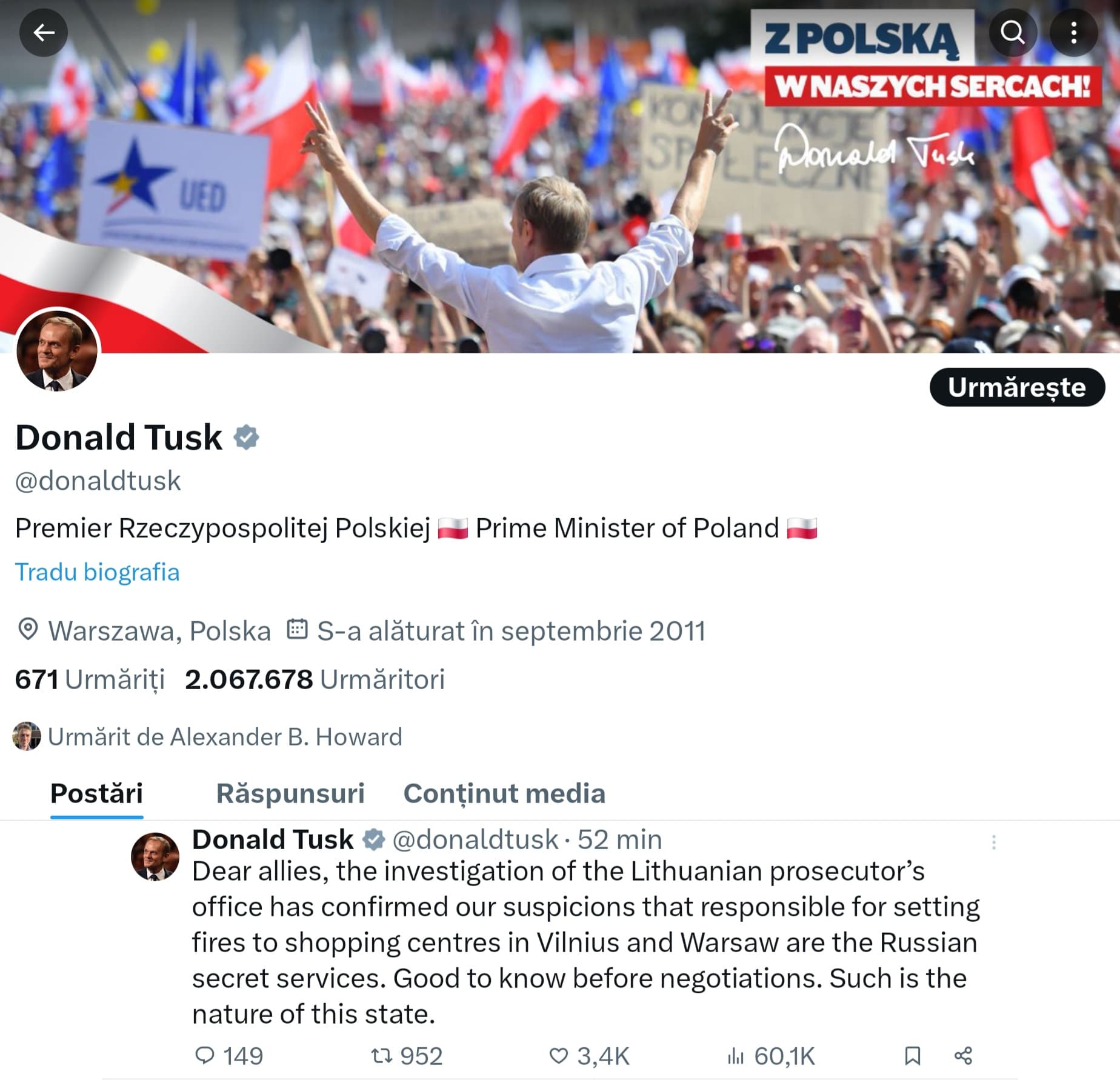 Donald Tusk acuză serviciile secrete rusești de incendierea centrelor comerciale din Vilnius și Varșovia