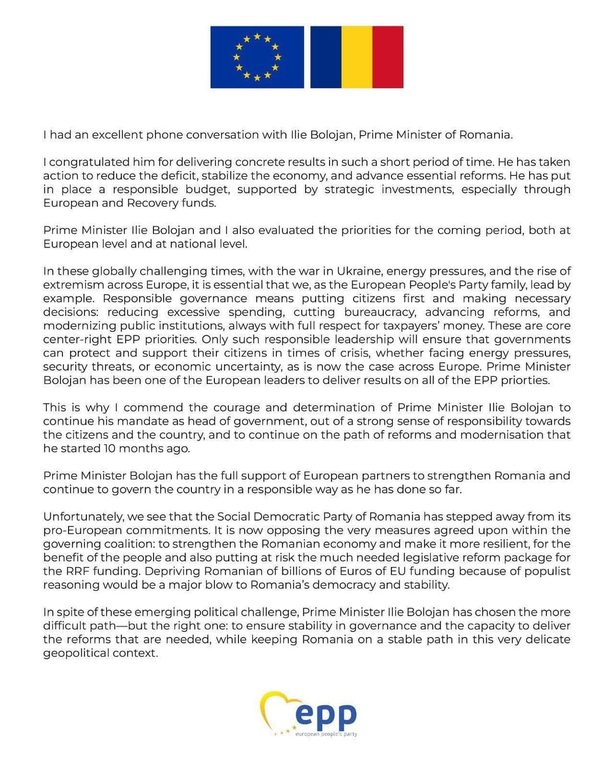 Scrisoarea oficiala a presedintelui PPE Manfred Weber, din 21 aprilie 2026, de sustinere publica a premierului Ilie Bolojan. Document cu steagurile UE si Romania si logo-ul PPE.