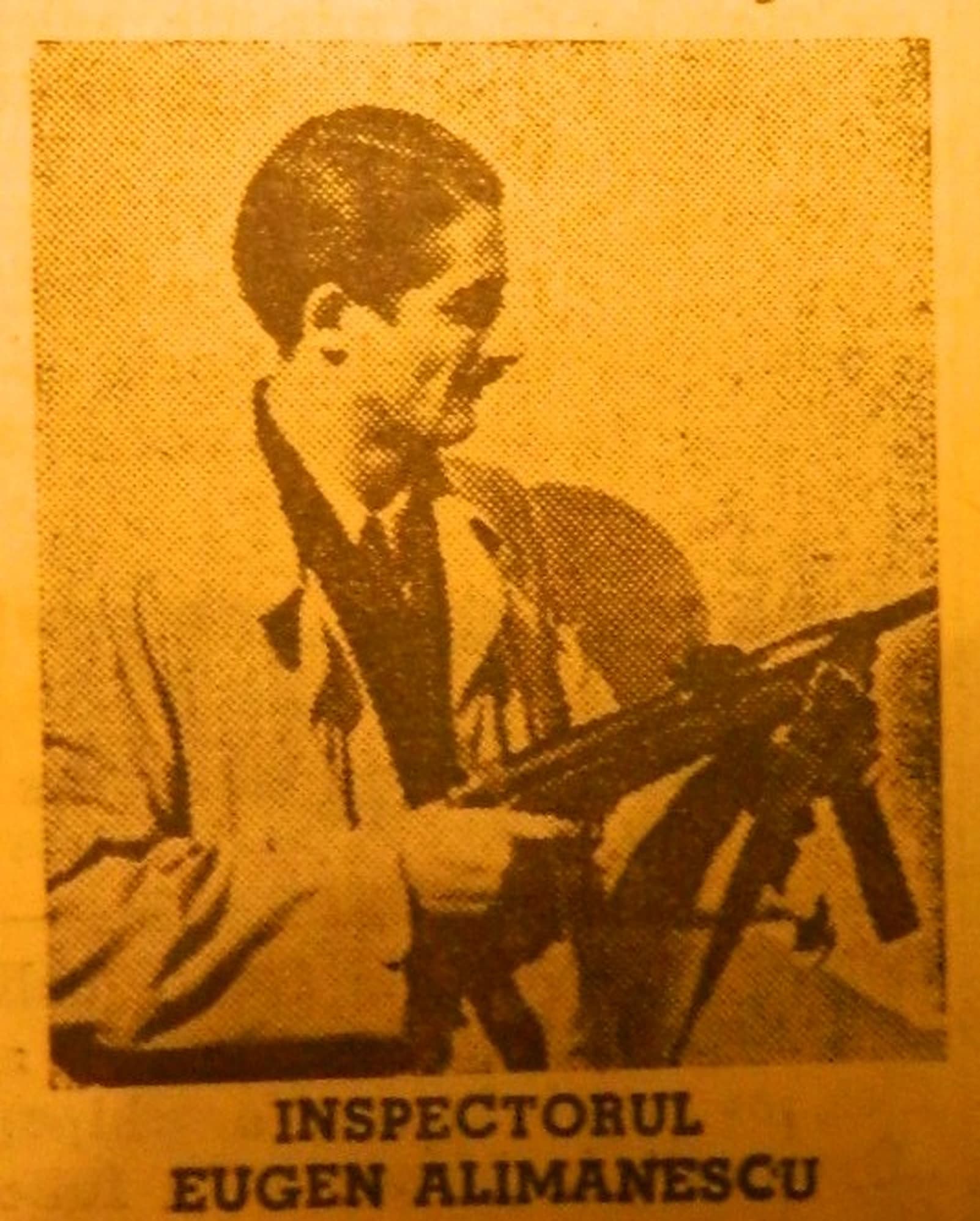 Comisarul Eugen Alimănescu cu pistol-mitralieră, fotografie de presă din Bucureștiul anilor '40 cu legenda „Inspectorul Eugen Alimănescu"