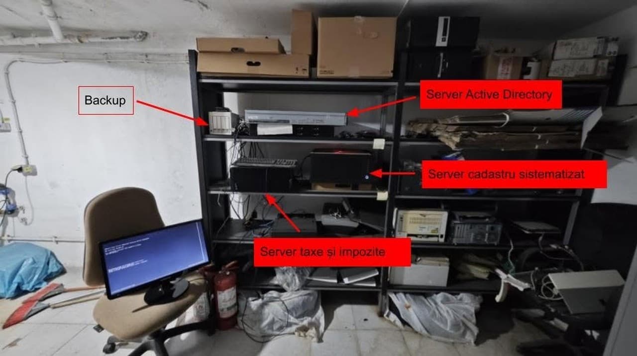 Serverele Primăriei Corbeanca - taxe, cadastru, Active Directory și backup - pe rafturi metalice într-un subsol inundabil
